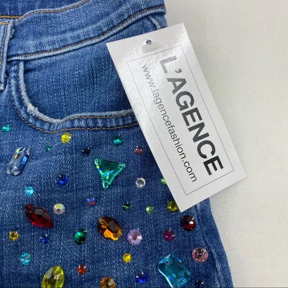 L’AGENCE | Bejeweled Rhinestone Ryland High Rise Jean Shorts RARE | 25 New - Picture 4 of 11